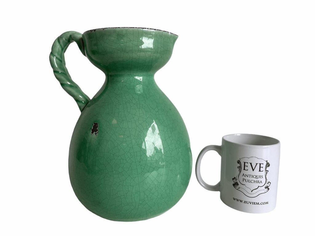 Vintage French Carafe Green Aged Ceramic Pot Vase Water Jug Container Storage Prop c1990’s