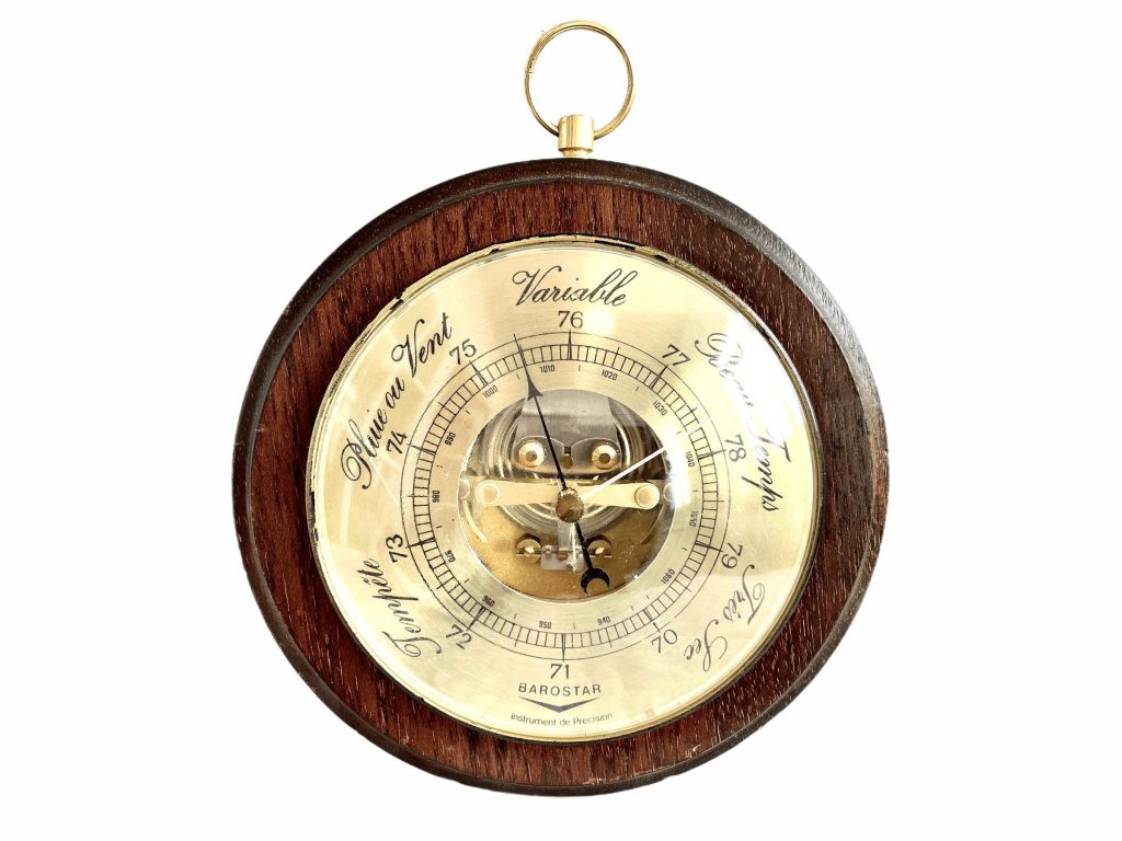 Vintage French Circular Shaped Metal Wood Barometer Barometre Weather Forecasting Instrument Hanging Wall c1970-80’s
