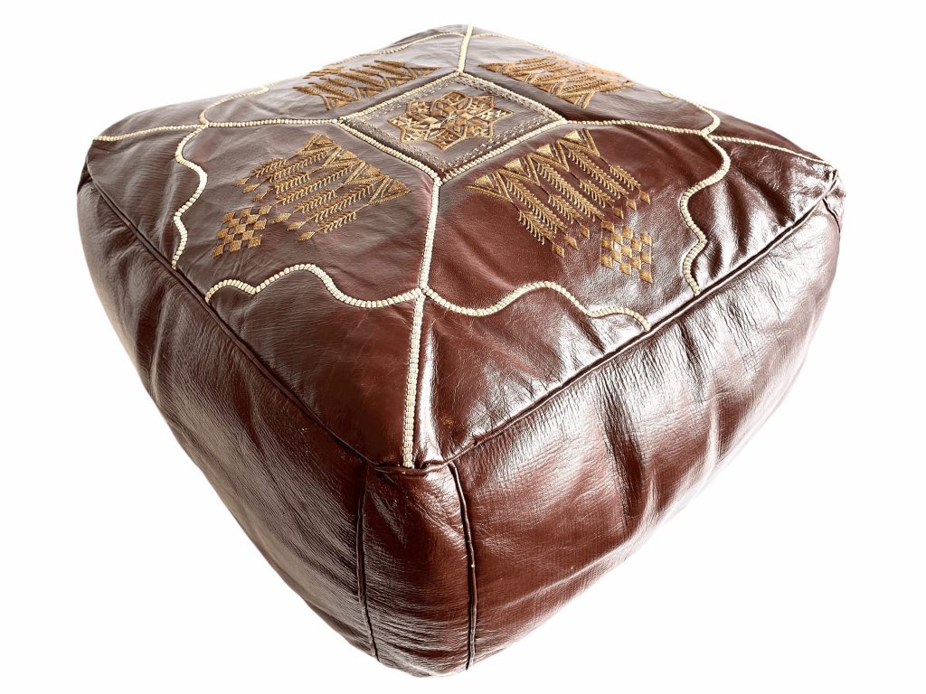 Vintage Moroccan Pouffe Leather Cover Stool Brown Cushion Padded Bench Chair Footrest Seat Side Prop Display c1970-80’s