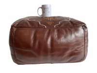 Alternative view of Vintage Moroccan Pouffe Leather Cover Stool Brown Cushion Padded Bench Chair Footrest Seat Side Prop Display c1970-80's