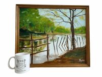 Alternative view of Vintage French River Lake Woodland Painting Acrylic Skyline Bushes Trees Field Scenic Path On Canvas Rugged Mayte c1980's