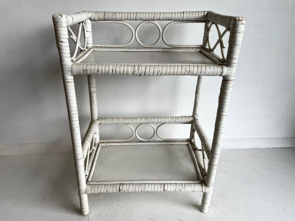 Vintage French Wooden Woven White Shelf Wood Stand Ornament Display Kitchen Bathroom Display Sideboard Standing c1980’s