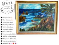 Vintage French Seaside Fishing Boats Skyline Trees Tree Sea Rocks Acrylic Painting On Board Signed C. Romam circa 1950-60's