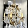 Vintage French Large Light Metal Glass Chandelier Sconce Brass Metal Electric Lamp Six Bulb Electric Pendant c1940-1950's
