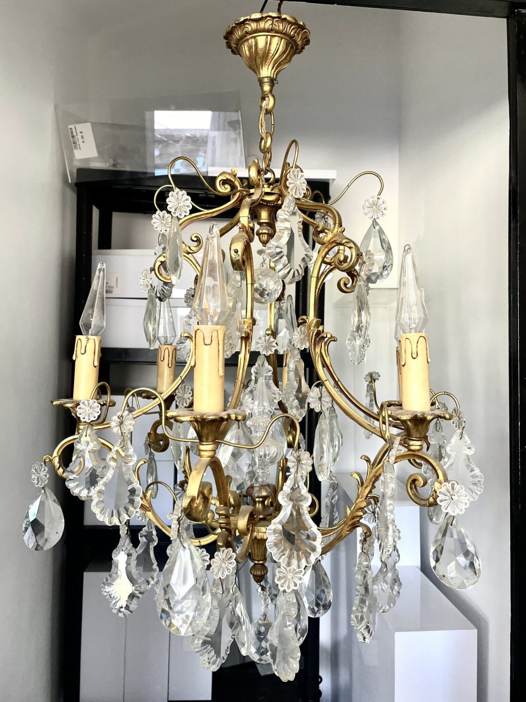 Vintage French Large Light Metal Glass Chandelier Sconce Brass Metal Electric Lamp Six Bulb Electric Pendant c1940-1950’s
