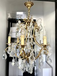 Vintage French Large Light Metal Glass Chandelier Sconce Brass Metal Electric Lamp Six Bulb Electric Pendant c1940-1950’s 3