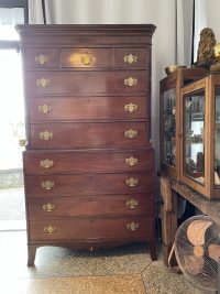 Antique English Tall Boy Chest Of Drawers Large Wooden Brown Wood Storage Cupboard Cabinet Furniture Prop c1910-1920's