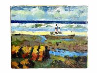 Vintage French Coastal Seaside Granville Painting Acrylic Skyline Bushes Coast Beach On Canvas Cole Cosky circa 1980's