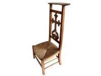 Vintage French Wooden Wicker Brown Wood Woven Raffia Prayer Kneeling Stool Low Small Chair Childs Seating Design c1950-60's