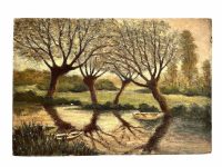 Vintage French River Lake Woodland Painting Acrylic Skyline Bushes Trees Field Boats Scenic Countryside On Board c1970's