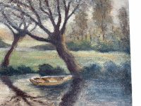 Alternative view of Vintage French River Lake Woodland Painting Acrylic Skyline Bushes Trees Field Boats Scenic Countryside On Board c1970's