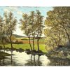 Vintage French River Lake Woodland Painting Acrylic Skyline Bushes Trees Field Scenic Countryside On Board c1970's