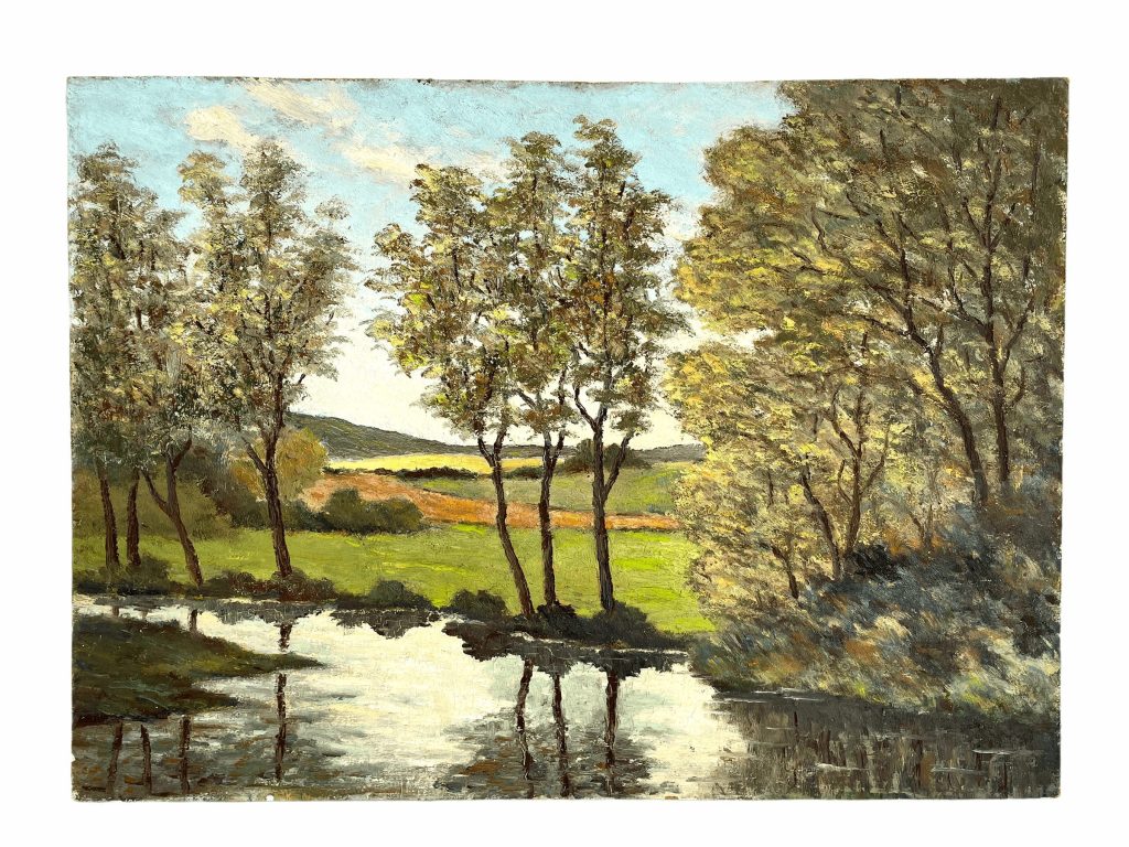 Vintage French River Lake Woodland Painting Acrylic Skyline Bushes Trees Field Scenic Countryside On Board c1970’s