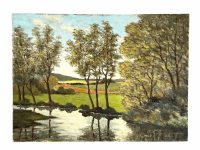Vintage French River Lake Woodland Painting Acrylic Skyline Bushes Trees Field Scenic Countryside On Board c1970's
