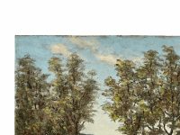 Alternative view of Vintage French River Lake Woodland Painting Acrylic Skyline Bushes Trees Field Scenic Countryside On Board c1970's