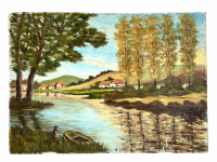 Vintage French River Lake Woodland Painting Acrylic Skyline Bushes Trees Field Boats Scenic Countryside On Board c1970's