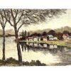 Vintage French River Lake Woodland Painting Acrylic Skyline Bushes Trees Field Village Scenic Countryside On Board c1970's