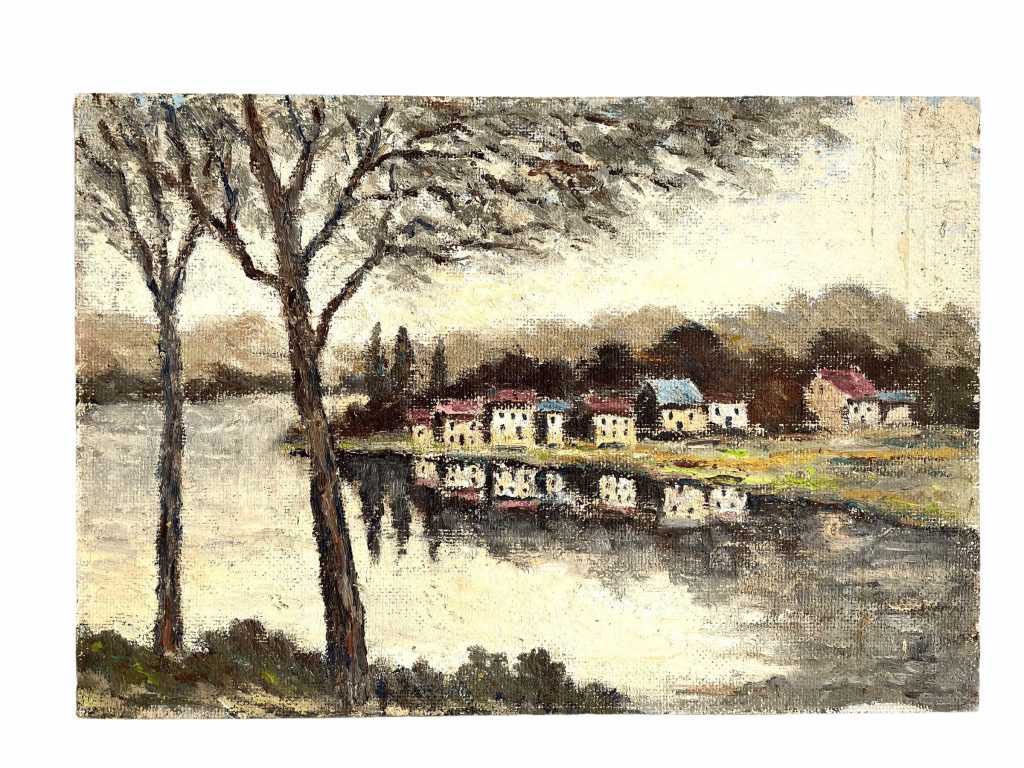 Vintage French River Lake Woodland Painting Acrylic Skyline Bushes Trees Field Village Scenic Countryside On Board c1970's