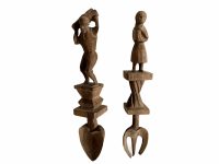 Vintage French Breton Carved Wood Wooden Large Decorative Spoon And Fork Cutlery Wall Kitchen Decor Display c1970-80's