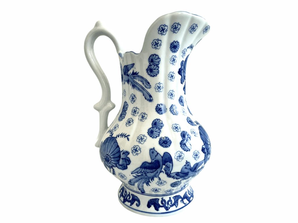 Vintage Chinese Large Ceramic Blue White Water Milk Lemonade Jug Pitcher Serving Vase Display Birds Flowers c1970-1980’s