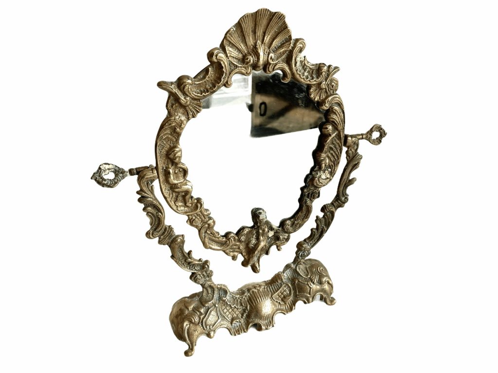 Vintage French Mirror On Adjustable Brass Stand Glass Decorative Dressing Table Putti Angel Decor Cast Metal Ornate c1970’s