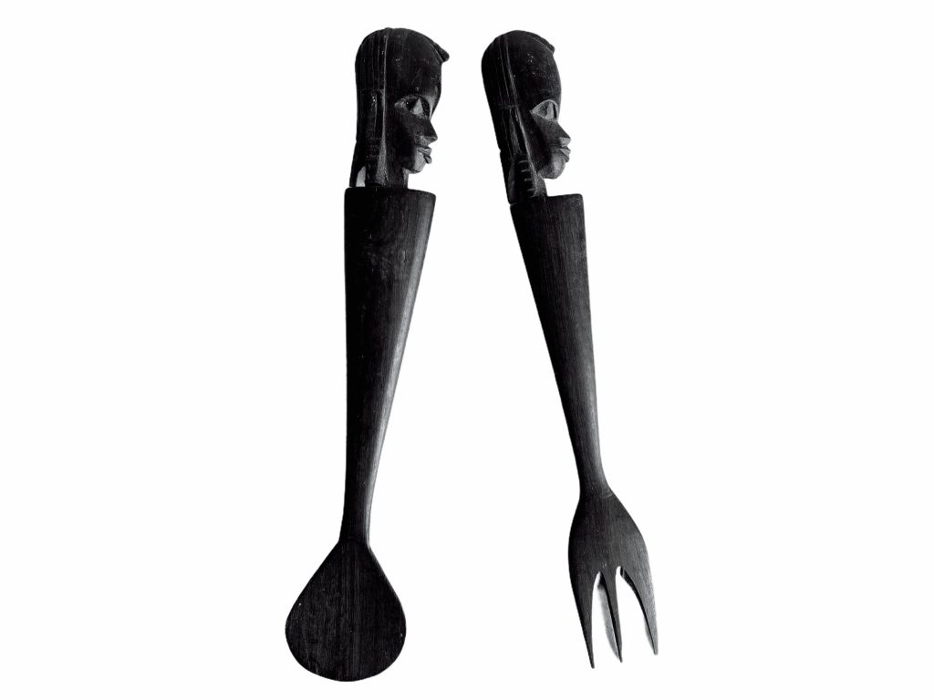 Vintage African Carved Ebony Wood Wooden Large Decorative Spoon And Fork Cutlery Wall Kitchen Decor Display c1970-80’s