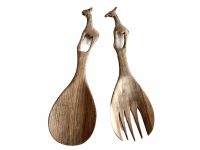 Vintage African Carved Giraffe Wood Wooden Large Decorative Spoon And Fork Cutlery Wall Kitchen Decor Display c1970-80's