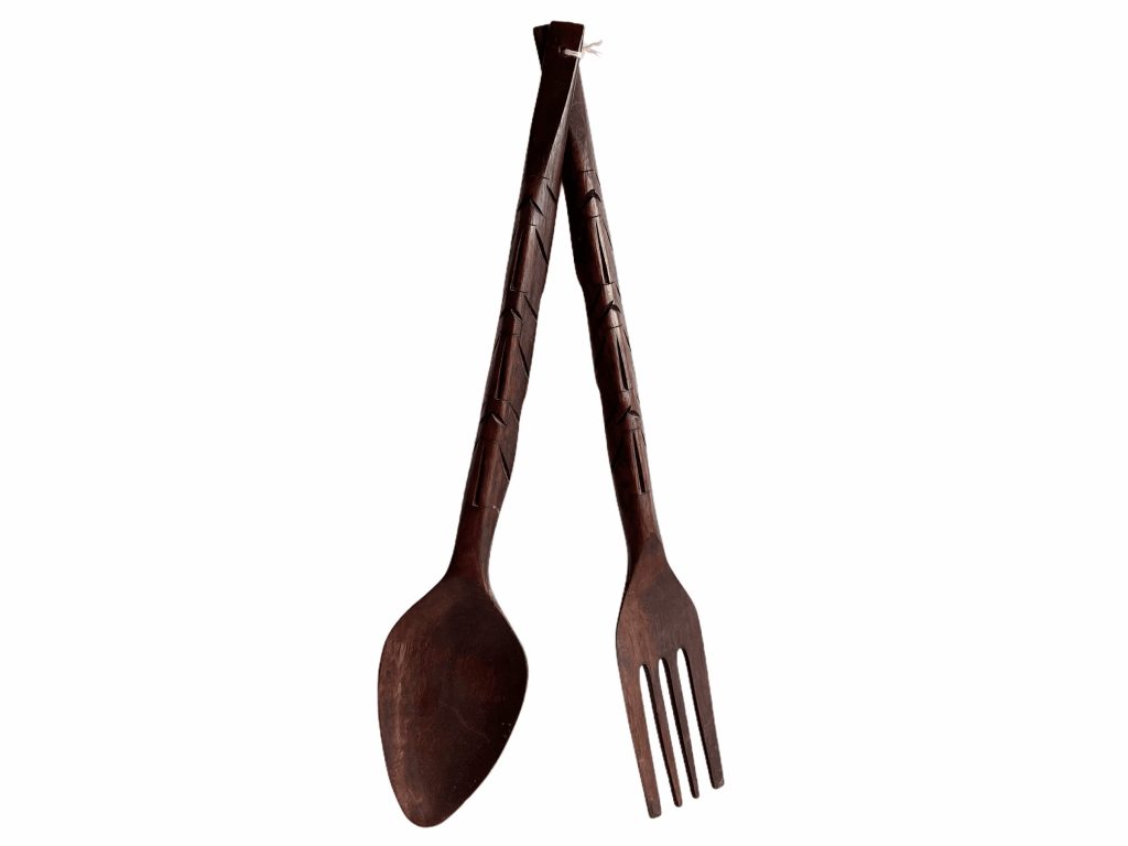 Vintage Philipino Carved Wood Wooden Giant Large Decorative Spoon And Fork Cutlery Wall Kitchen Decor Display c1970-80's