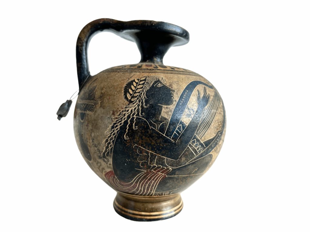 Vintage Greek Terracotta Black And Sand Small Oil Wine Water Flask Vase Decanter Ornament Handmade Decor Design c1970-80’s