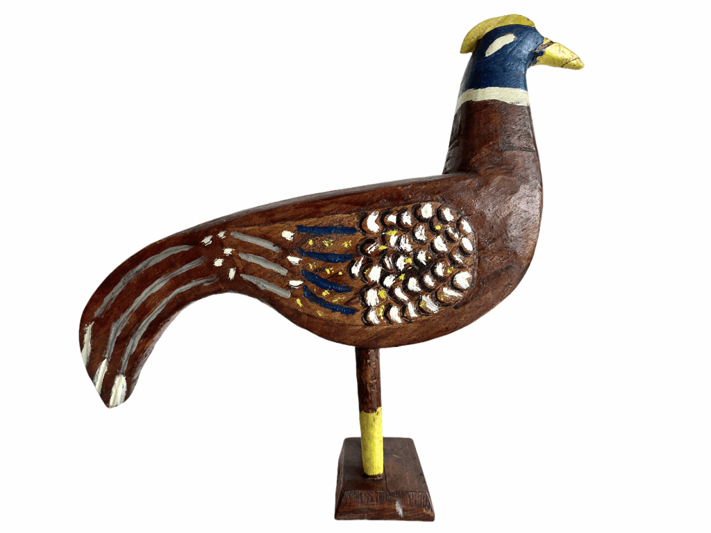 Vintage French Primitive Wood Wooden Hand Carved Decorated Bird Pheasan Ornament Figurine Model Decor c1960-70’s