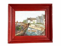 Vintage French Seaside Painting Acrylic Skyline Trees Boat Harbour Town Scenic Path On Wood Le Scornet circa 1960-70's