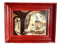 Vintage French Fountain Painting Acrylic Skyline Trees Boat Harbour Town Scenic Path On Wood Le Scornet circa 1960-70's