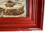 Alternative view of Vintage French Fountain Painting Acrylic Skyline Trees Boat Harbour Town Scenic Path On Wood Le Scornet circa 1960-70's