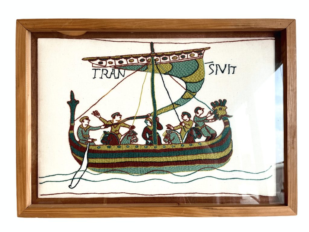 Vintage French Bayeux Tapestry Reproduction Of Boat Scene Sailing For France England Tapisserie Glass Framed circa 1980-90’s