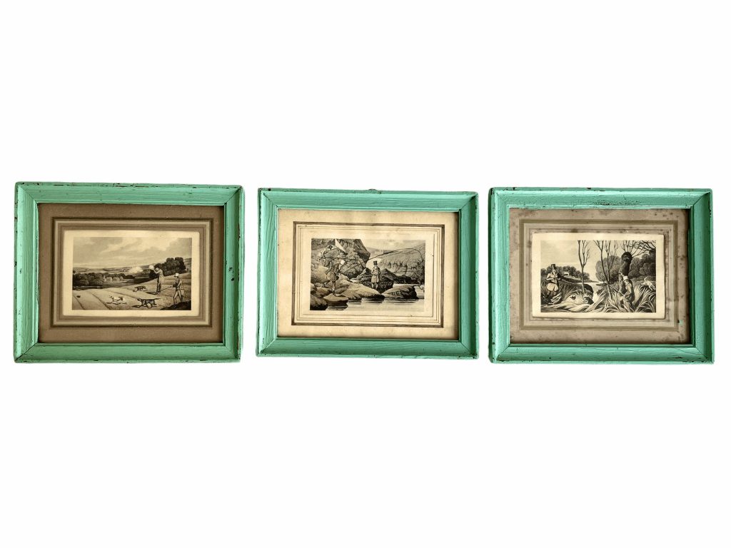 Vintage French Etching Print Of Hunting Scenes Scenery Landscape On Paper Hunting Lodge Green Frames Lithograph c1950’s