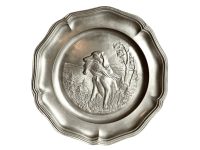 Vintage English Pewter Hunting Dog Dinner Plate tray charger platter serving table wall display bashed bruised bent c1960's