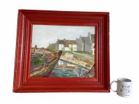 Alternative view of Vintage French Seaside Painting Acrylic Skyline Trees Boat Harbour Town Scenic Path On Wood Le Scornet circa 1960-70's