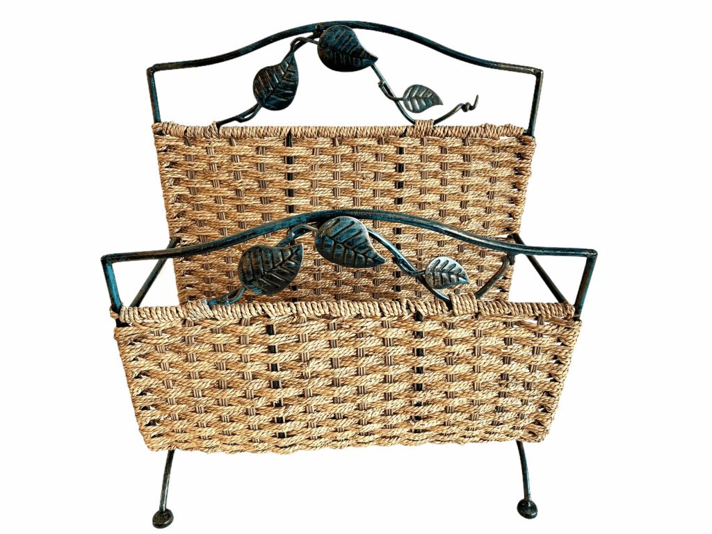 Vintage French Magazine Newspaper Rack Stand Store Storage Wooden Woven String Raffia Wicker Magazine Side circa 1990-00’s