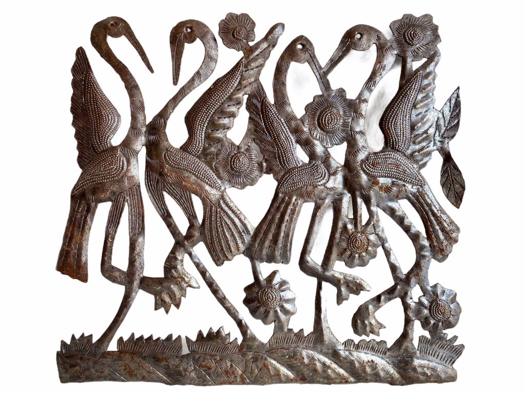 Vintage French Folk Art Fantasy Metal Stork Heron Bird In Sunflowers Figurine Ornament Decor Design Wall Hanging c1960-70's
