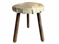 Vintage French Stool Wooden Brown Natural Wood Cushioned Cow Skin Leather Chair Stand Rest Seating Prop circa 1950-1960's