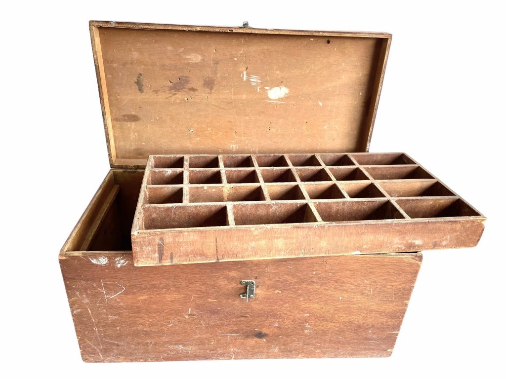 Vintage French Home Made Rustic Wooden Wood Tool Screw Nail Pot Carrier Holder Sorter Display Toolbox Handyman Box c1950-60’s