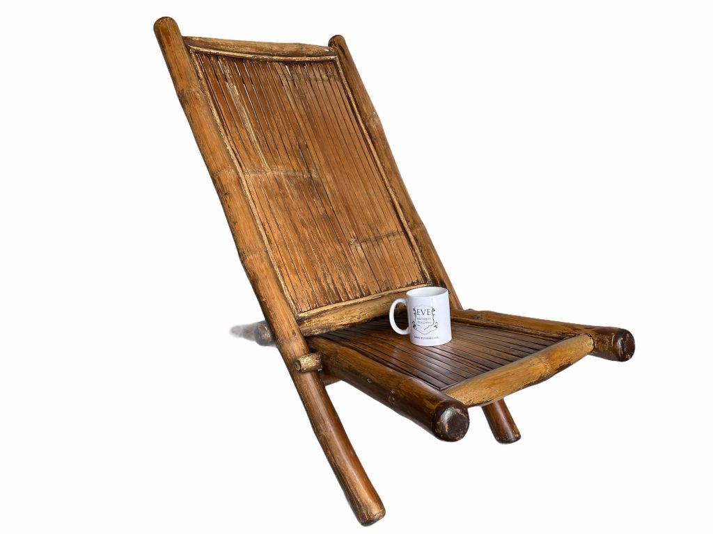 Vintage Asian Bamboo Deck Chair Sun Lounger Natural Weathered Chaise Longue Foldable Beach Garden Carry On circa 1980-90’s