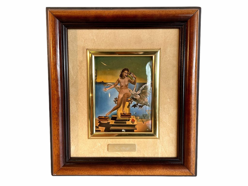 Vintage Salvador Dali Reproduction Leda Atomica Print On Fabric Picture Wooden Wood Frame Framed c1980’s