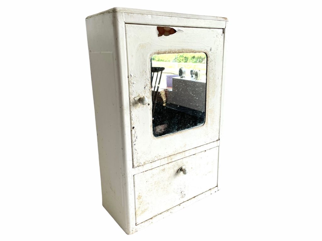 Vintage French Flaky Worn Paint Metal Wall Mounted Hung Storage Cabinet Shelf White Cupboard Bathroom Glass circa 1940-50’s / EVE