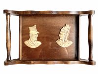Vintage French Glass Topped Wood Male Female Traditionally Dressed Head Decorated Wooden Serving Dining Lap Tray c1960-70's / EVE