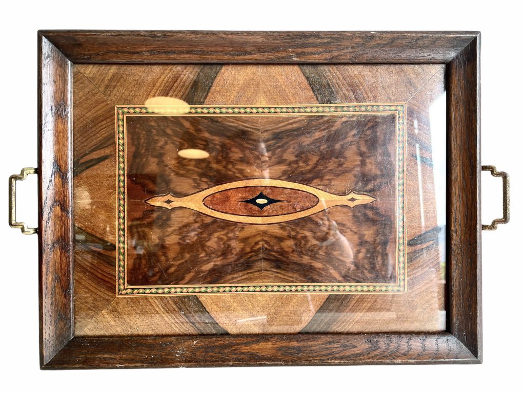 Vintage French Glass Topped Inlaid Mother Of Pearl Shell Wood Decorated Wooden Serving Dining Lap Tray c1970-80’s / EVE