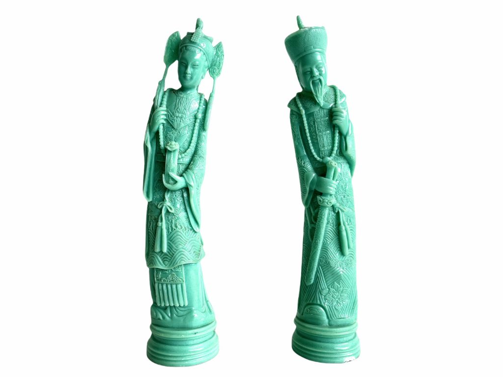 Vintage Chinese Jade Coloured Resin Figurines Lady Man Traditional Pair Ornaments Home Decor circa 1950’s / EVE