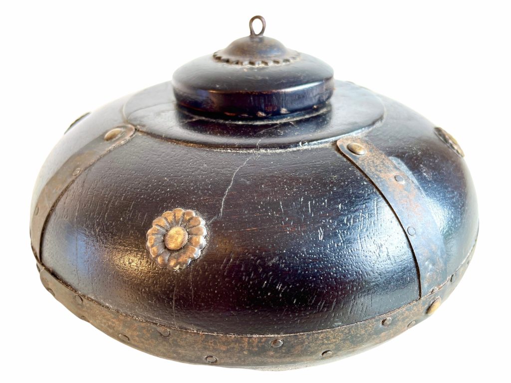 Vintage Indian Circular Wooden Wood Decorated Small Tea Tobacco Incense Storage Pot Container Vase Display Lidded c1940-50's / EVE