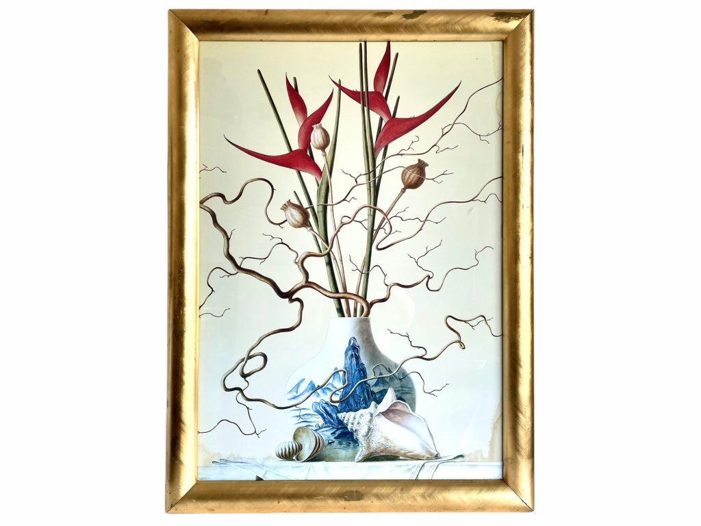 Vintage Dutch Large Framed Ruud Verkerk Art Print Of A Chinese Vase Shell Flower In Frame Wall Decor c1980’s / EVE