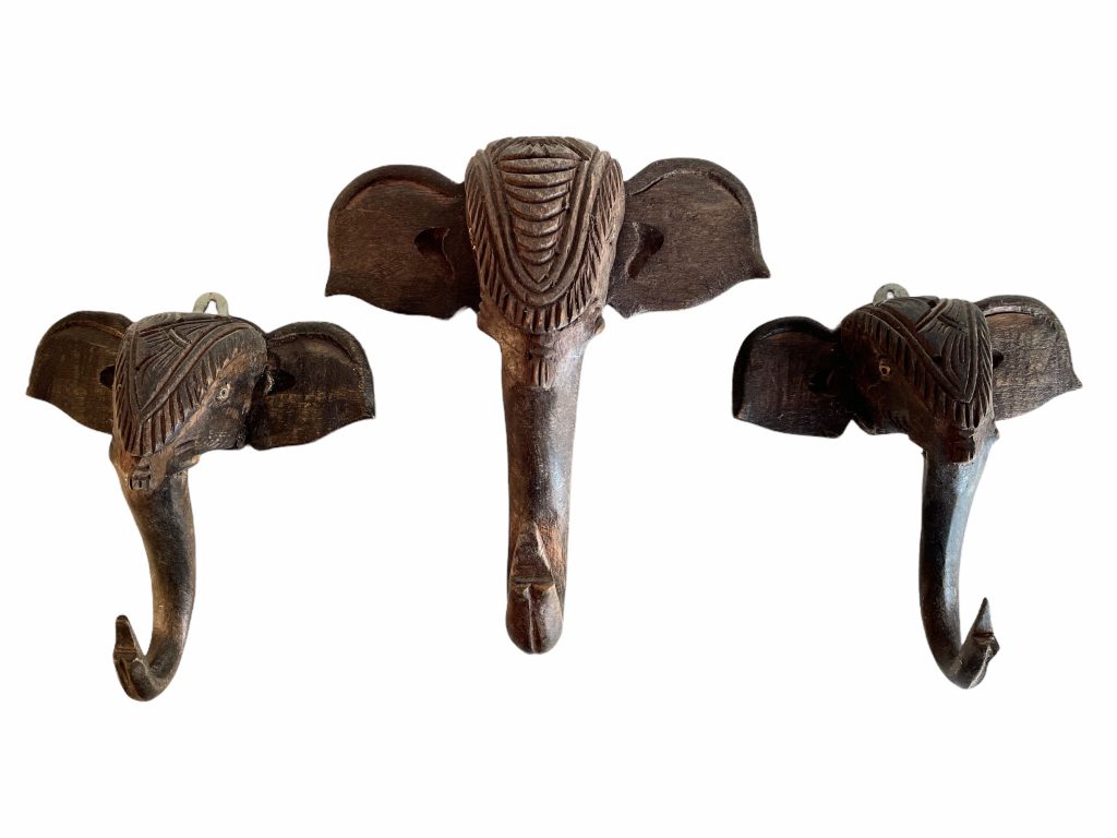 Vintage French Wood Wooden Elephant Trunk Hook Coat Hanger Knob Decor Display Hallway Cloakroom African Animal Set Of Three c1970’s / EVE